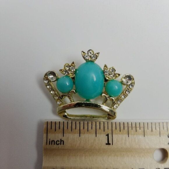 Vintage Crown Shape Rhinestone Brooch, Blue Cabochon Center, Retro Estate - Picture 3 of 7